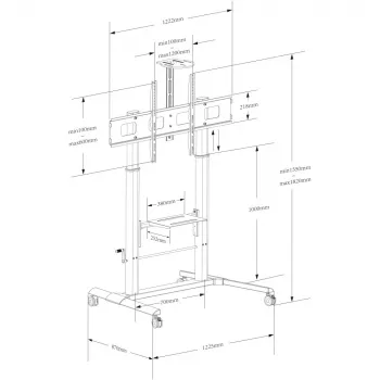 Multimediju ratiņi TECHLY ICA-TR230 Melns plakanajiem ekrāniem līdz 110 collām, VESA 900x600, augstums 1850 mm, slodze 120 kg