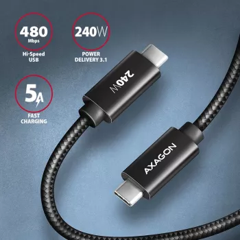 Axagon BUCM2-CM10AB Datu un uzlādes USB 480Mbps kabelis 1 m, PD 240W, 5A, melns pīts