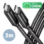 Axagon BUCM2-CM30AB Datu un uzlādes USB-C kabelis 3 m, PD 240W, 5A, melns pīts
