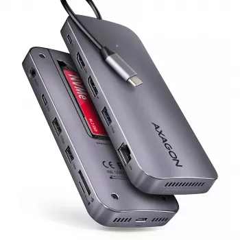 Axagon HMC-12GM2, USB 10Gbps centrmezgls, 3x USB-A, USB-C, HDMI, DP, RJ-45, M.2, SD/mSD, audio, PD