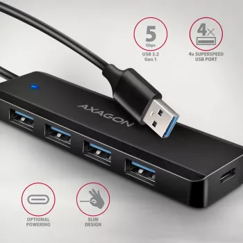 Axagon HUE-C1A Ceļojumu USB centrmezgls 4x USB 5Gbps, USB-C barošanas ieeja, 19cm USB-A kabelis
