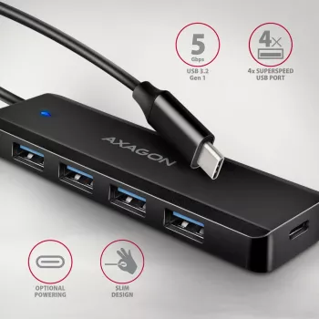 Axagon HUE-C1C 4x USB 5Gbps CEĻOJUMA centrmezgls, USB-C barošanas ieeja, 19 cm USB-C kabelis