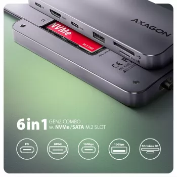 Axagon HMC-6GM2 USB 10Gbps centrmezgls USB-A USB-C HDMI M.2 SD/mSD PD 100W USB-C vads USB 3.2 Gen 2 (3.1 Gen 2) Type-C Pelēks