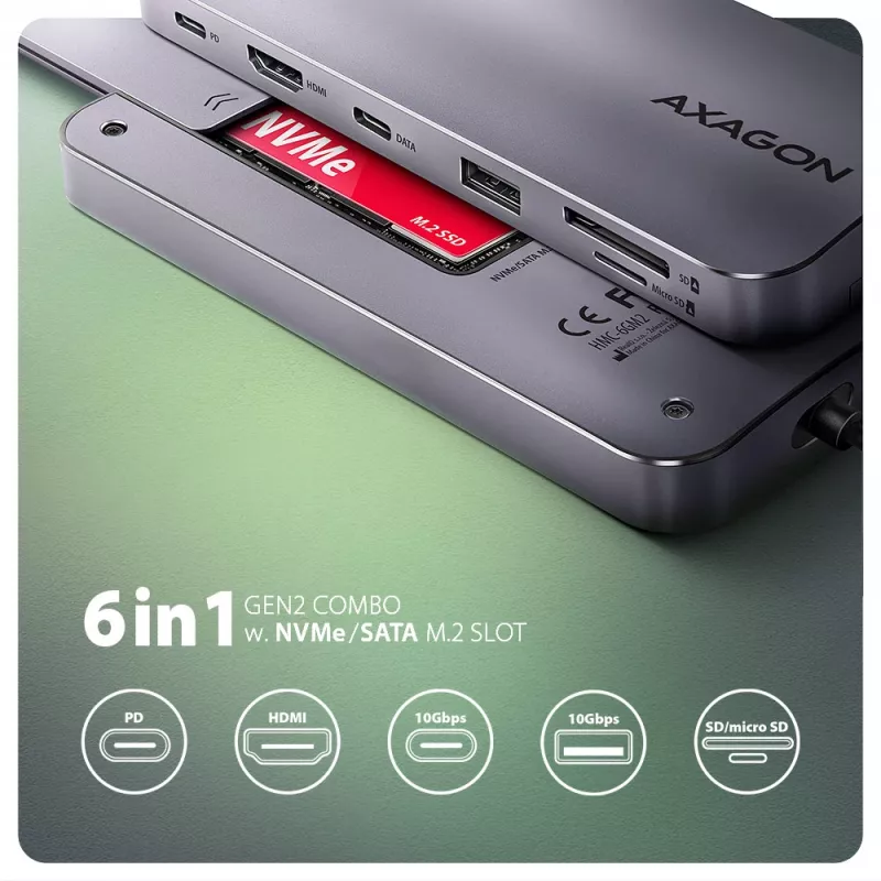 Axagon HMC-6GM2 USB 10Gbps centrmezgls USB-A USB-C HDMI M.2 SD/mSD PD 100W USB-C vads USB 3.2 Gen 2 (3.1 Gen 2) Type-C Pelēks