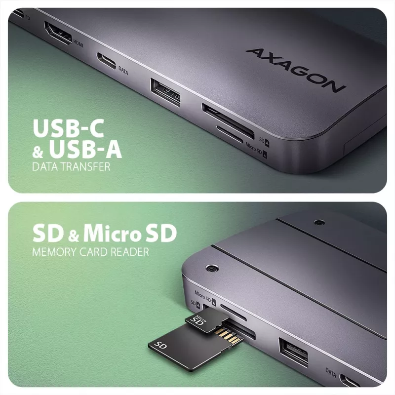 Axagon HMC-6GM2 USB 10Gbps centrmezgls USB-A USB-C HDMI M.2 SD/mSD PD 100W USB-C vads USB 3.2 Gen 2 (3.1 Gen 2) Type-C Pelēks