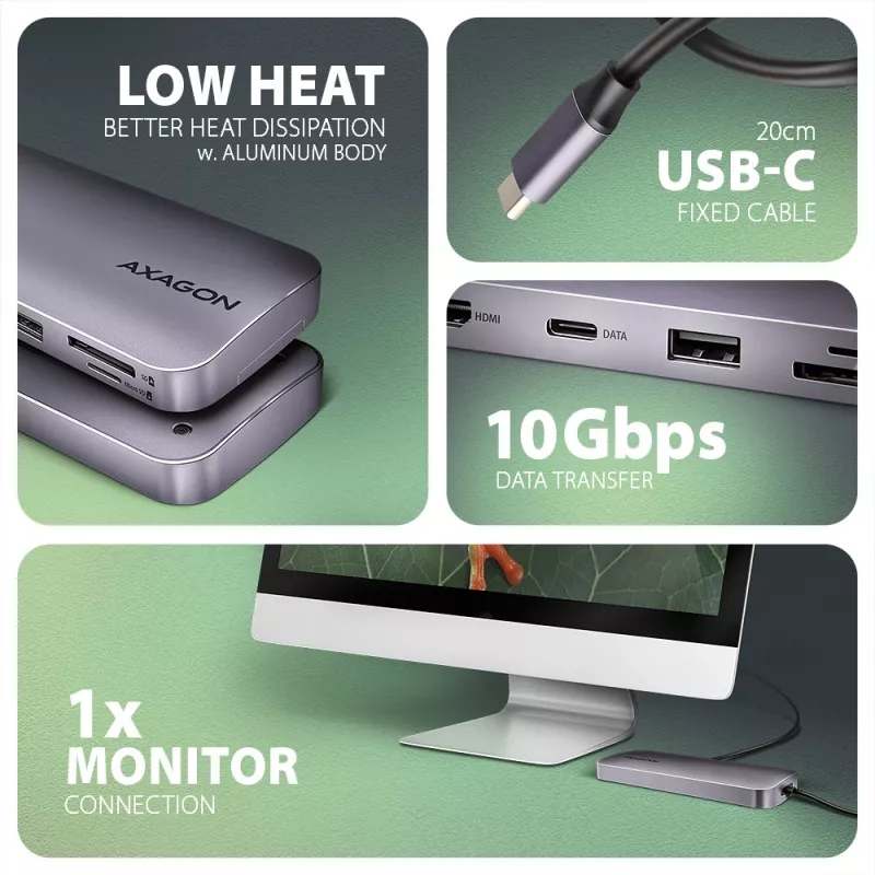 Axagon HMC-6GM2 USB 10Gbps centrmezgls USB-A USB-C HDMI M.2 SD/mSD PD 100W USB-C vads USB 3.2 Gen 2 (3.1 Gen 2) Type-C Pelēks