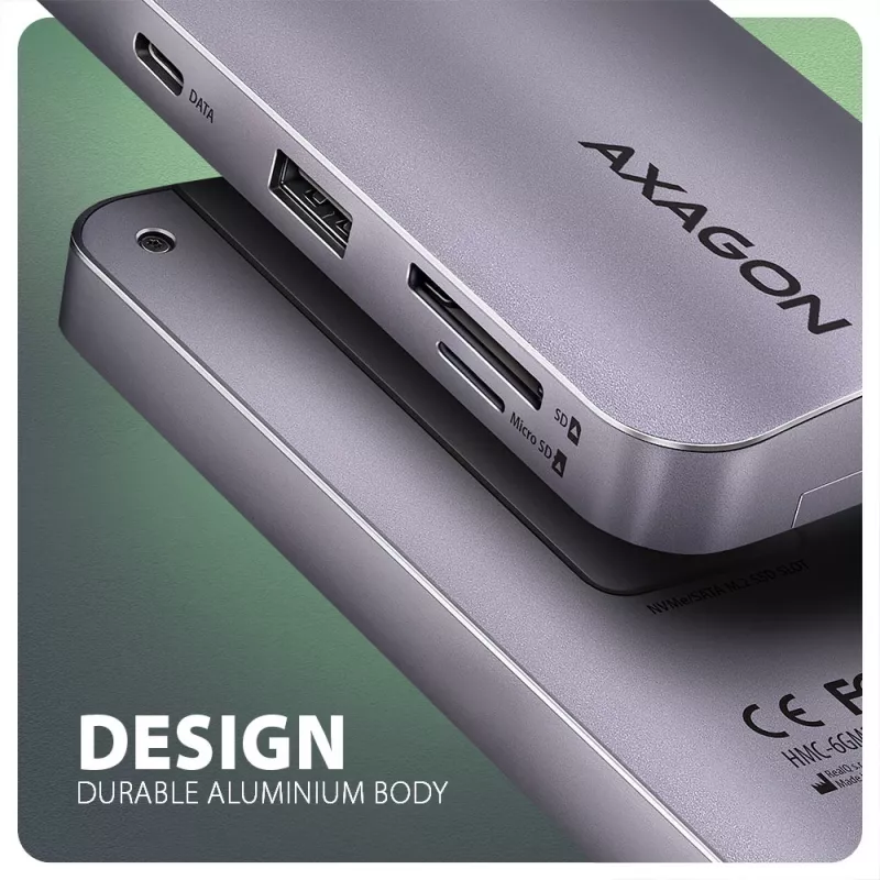Axagon HMC-6GM2 USB 10Gbps centrmezgls USB-A USB-C HDMI M.2 SD/mSD PD 100W USB-C vads USB 3.2 Gen 2 (3.1 Gen 2) Type-C Pelēks