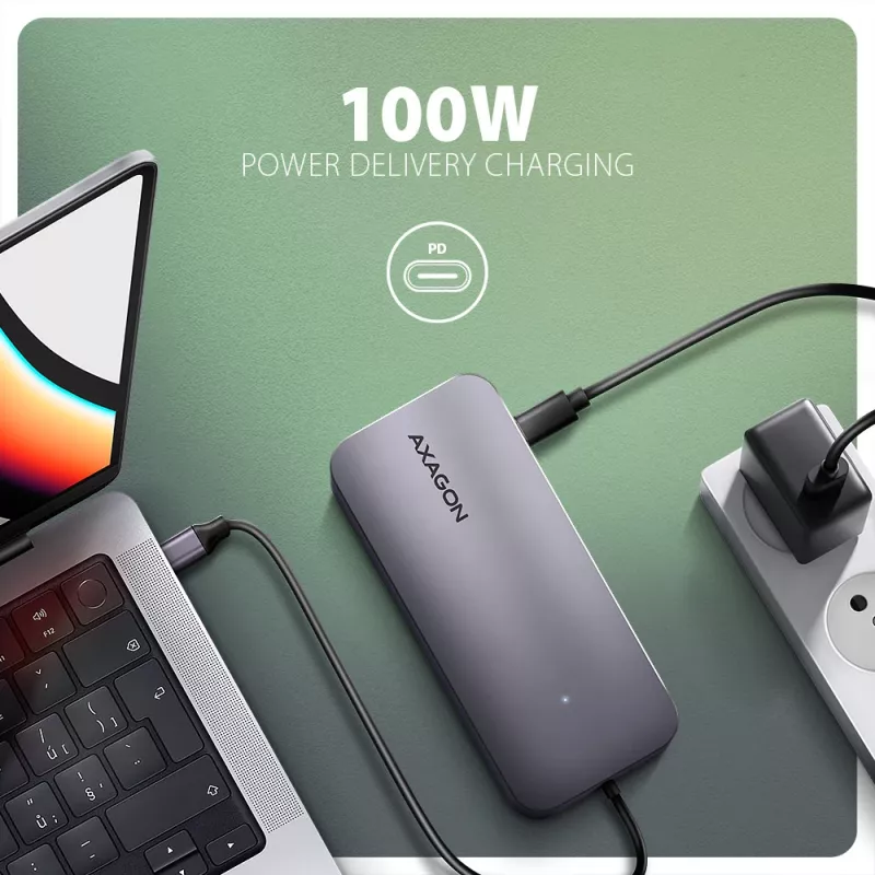 Axagon HMC-6GM2 USB 10Gbps centrmezgls USB-A USB-C HDMI M.2 SD/mSD PD 100W USB-C vads USB 3.2 Gen 2 (3.1 Gen 2) Type-C Pelēks