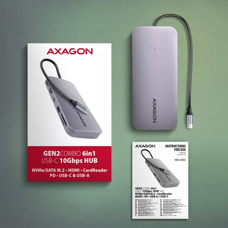 Axagon HMC-6GM2 USB 10Gbps centrmezgls USB-A USB-C HDMI M.2 SD/mSD PD 100W USB-C vads USB 3.2 Gen 2 (3.1 Gen 2) Type-C Pelēks