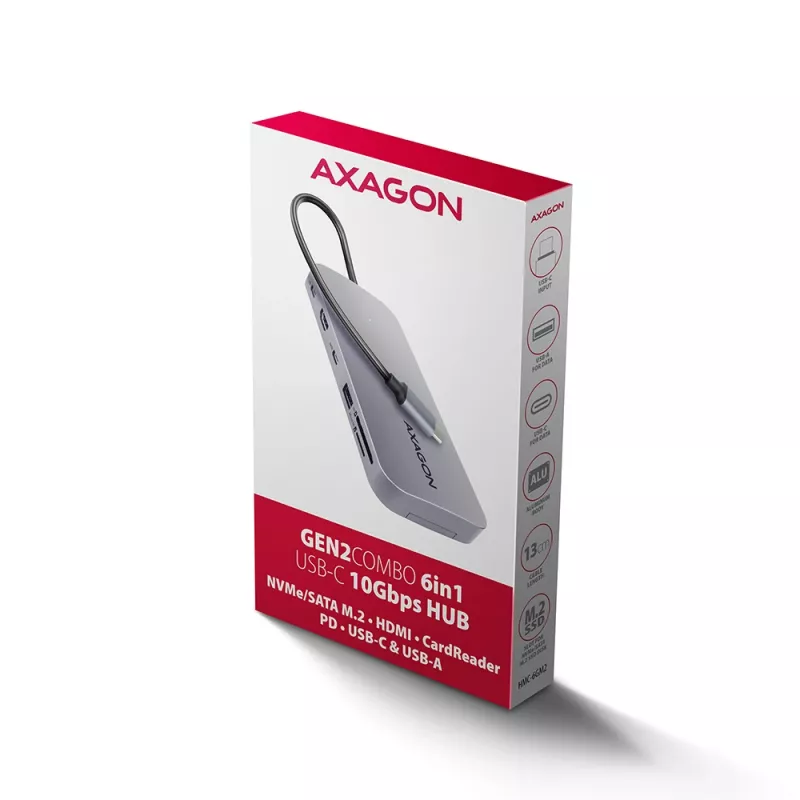 Axagon HMC-6GM2 USB 10Gbps centrmezgls USB-A USB-C HDMI M.2 SD/mSD PD 100W USB-C vads USB 3.2 Gen 2 (3.1 Gen 2) Type-C Pelēks