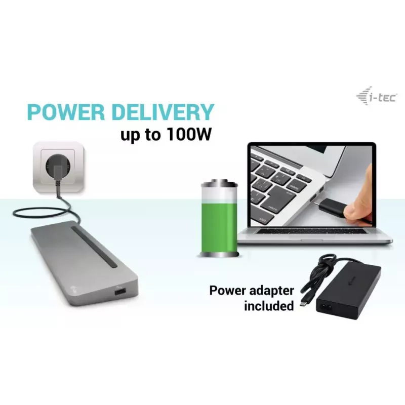 i-tec USB-C Metāla Ergonomiska 3x 4K Displeju Dokstacija ar 100 W Barošanu + Universāls Lādētājs 100 W