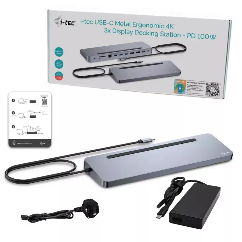 i-tec USB-C Metāla Ergonomiska 3x 4K Displeju Dokstacija ar 100 W Barošanu + Universāls Lādētājs 100 W
