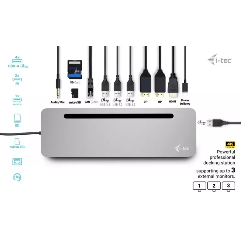 i-tec USB-C Metāla Ergonomiska 3x 4K Displeju Dokstacija ar 100 W Barošanu + Universāls Lādētājs 100 W