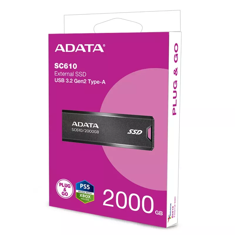 ADATA SC610 2 TB ārējais SSD, USB 3.2 Gen 2, 550/500 MB/s, melns
