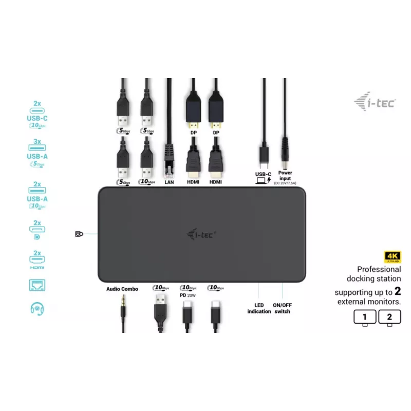 i-tec USB 3.0 / USB-C / Thunderbolt 3 Professional Dual 4K Displeja Dokstacijas Otrā Paaudze + 100W Barošana
