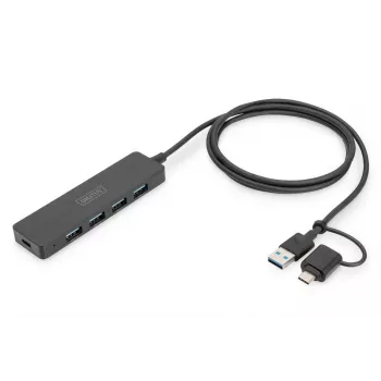 DIGITUS USB 3.0 Hub 4 portu plānais ar USB-C adapteri 5Gbps 1m kabelis