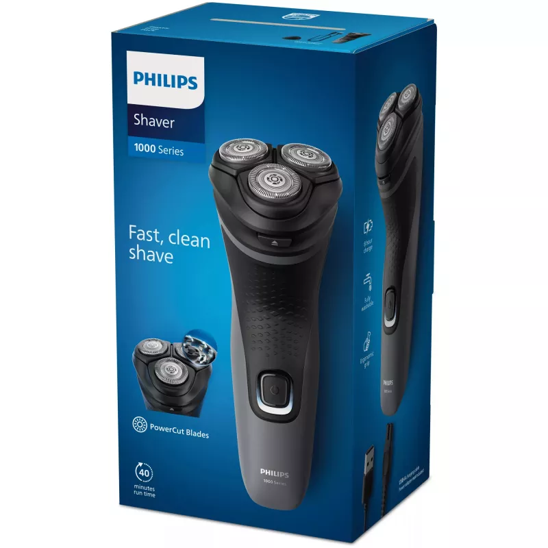 Philips Shaver 1000 Series S1142/00 Elektriskais skuveklis, rotācijas skuveklis, melns, pelēks, PowerCut asmeņu sistēma, SH30, 2 gadi, akumulators