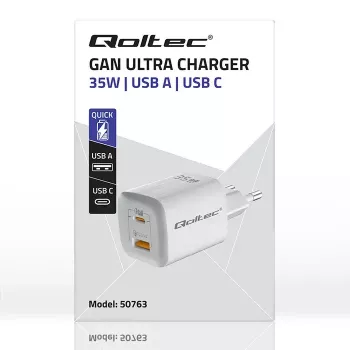 QOLTEC Lādētājs 50763 — Iekštelpu AC ātrais lādētājs 35W, USB-C PD 3.0 + USB-A, 5–20V, Balts