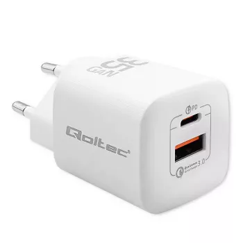 QOLTEC Lādētājs 50763 — Iekštelpu AC ātrais lādētājs 35W, USB-C PD 3.0 + USB-A, 5–20V, Balts
