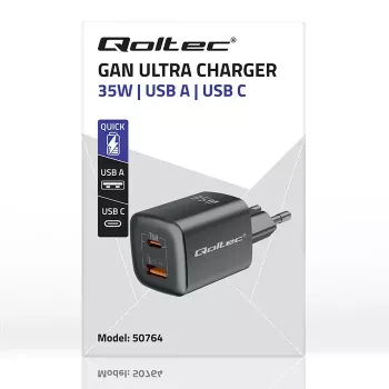 Lādētājs QOLTEC 50764 iekštelpu AC ātrais lādētājs USB-C 35W PD 3.0 + USB-A, 5–20V, C tipa eirospraudnis