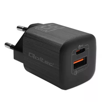 Lādētājs QOLTEC 50764 iekštelpu AC ātrais lādētājs USB-C 35W PD 3.0 + USB-A, 5–20V, C tipa eirospraudnis