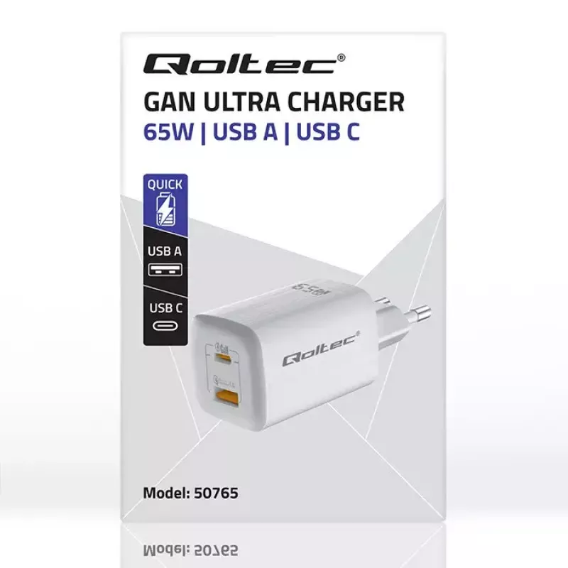 Qoltec 50765 GaN ULTRA 65 W lādētājs, 1× USB-C PD + 1× USB-A QC 3.0, 5–20 V, 2 ierīcēm, baltā krāsā