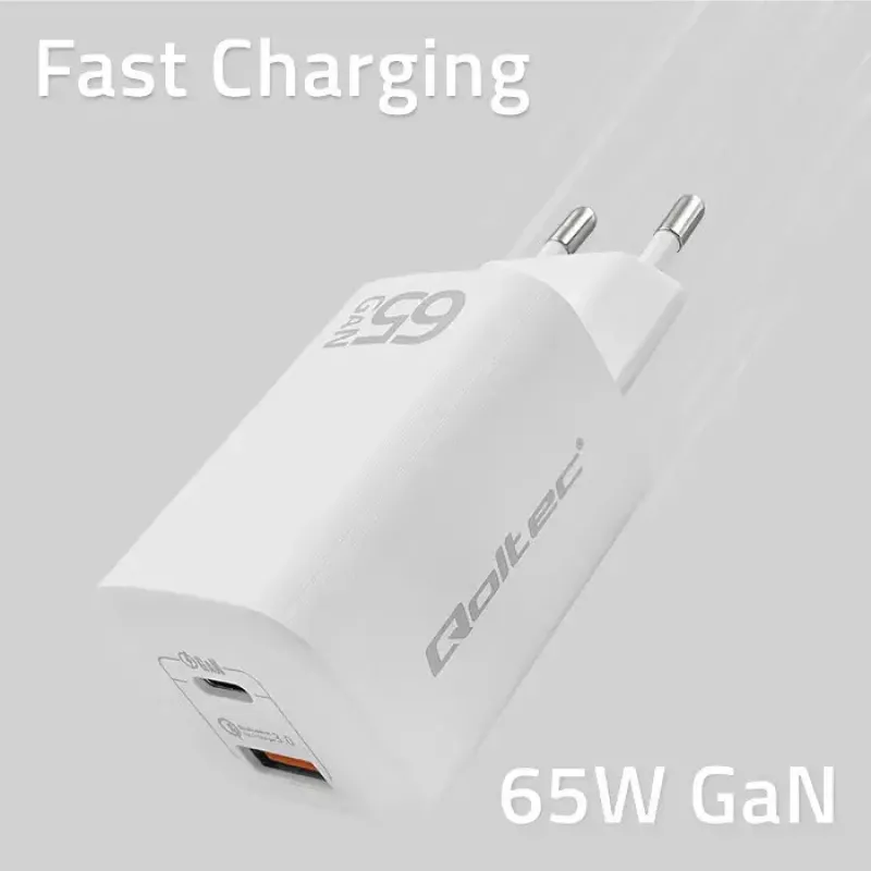 Qoltec 50765 GaN ULTRA 65 W lādētājs, 1× USB-C PD + 1× USB-A QC 3.0, 5–20 V, 2 ierīcēm, baltā krāsā