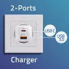 Qoltec 50765 GaN ULTRA 65 W lādētājs, 1× USB-C PD + 1× USB-A QC 3.0, 5–20 V, 2 ierīcēm, baltā krāsā
