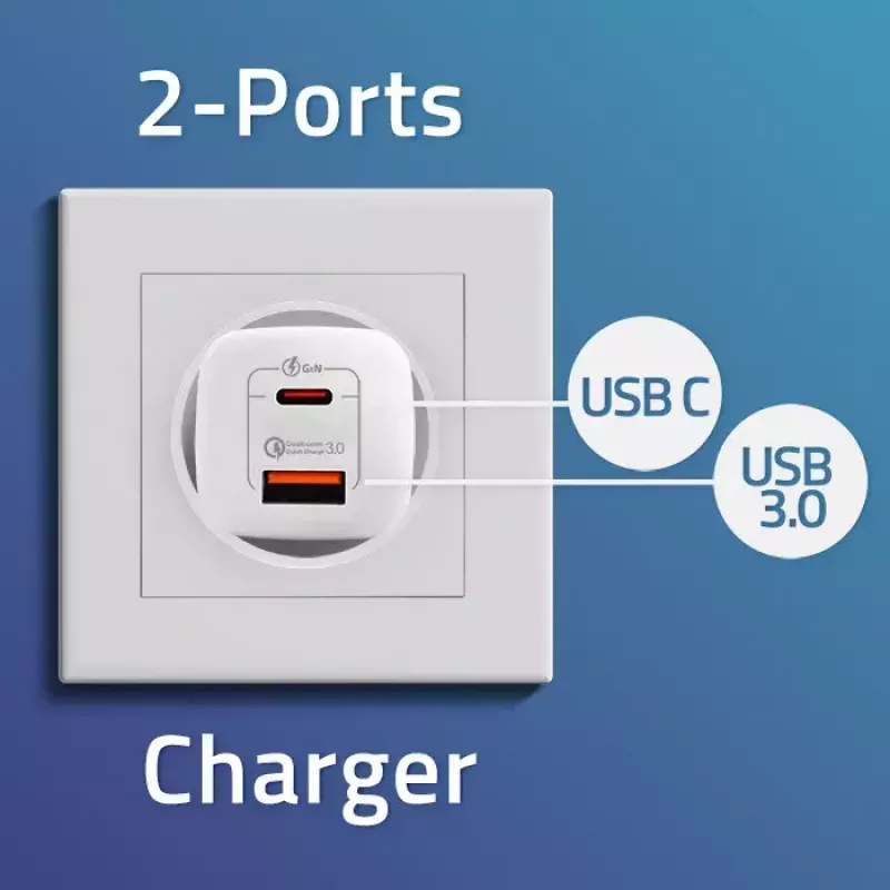 Qoltec 50765 GaN ULTRA 65 W lādētājs, 1× USB-C PD + 1× USB-A QC 3.0, 5–20 V, 2 ierīcēm, baltā krāsā