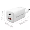 Qoltec 50765 GaN ULTRA 65 W lādētājs, 1× USB-C PD + 1× USB-A QC 3.0, 5–20 V, 2 ierīcēm, baltā krāsā