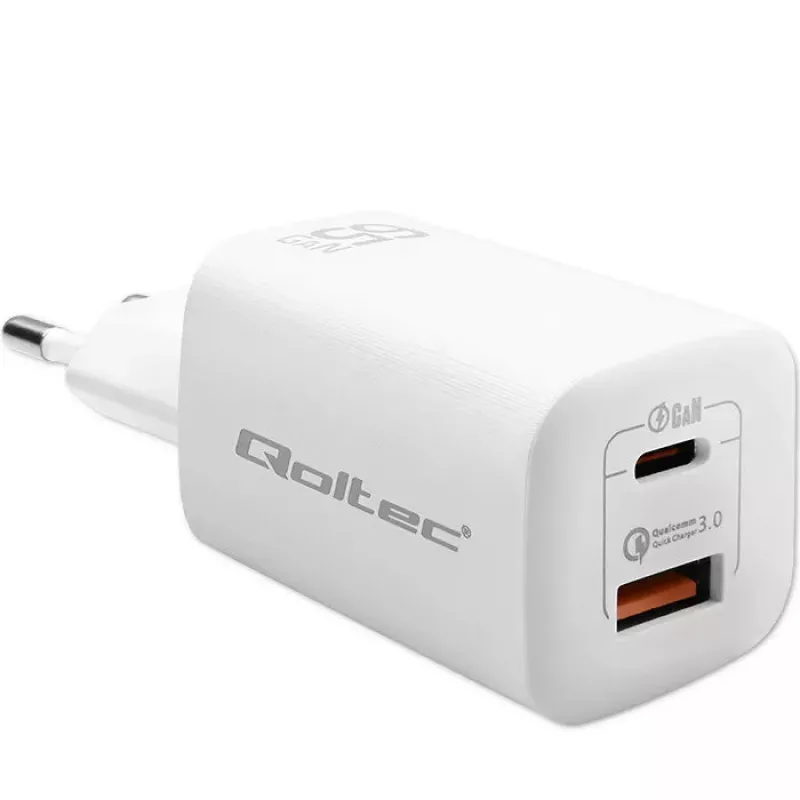 Qoltec 50765 GaN ULTRA 65 W lādētājs, 1× USB-C PD + 1× USB-A QC 3.0, 5–20 V, 2 ierīcēm, baltā krāsā