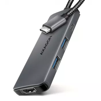 Axagon HMC-5H8K USB 5Gbps centrmezgls 2x USB-A USB-C HDMI 8k/30Hz PD 100W kabelis USB-C Vadu USB 3.2 Gen 1 (3.1 Gen 1) Type-C Pelēks