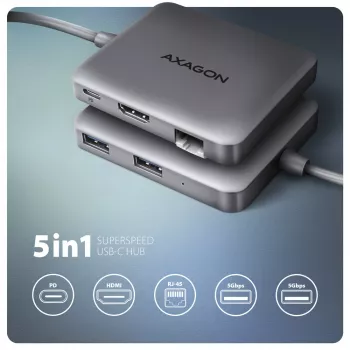 Axagon HMC-5HL USB 5Gbps centrmezgls, 2x USB-A, HDMI 4k/60Hz, RJ-45, PD 100W, 20cm USB-C kabelis