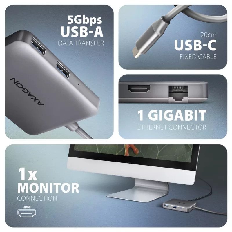 Axagon HMC-5HL USB 5Gbps centrmezgls, 2x USB-A, HDMI 4k/60Hz, RJ-45, PD 100W, 20cm USB-C kabelis