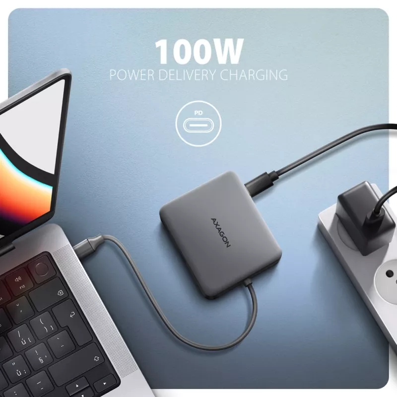 Axagon HMC-5HL USB 5Gbps centrmezgls, 2x USB-A, HDMI 4k/60Hz, RJ-45, PD 100W, 20cm USB-C kabelis