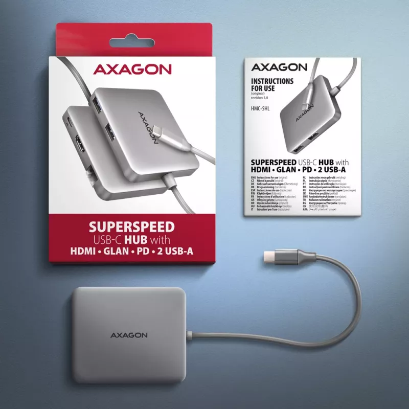 Axagon HMC-5HL USB 5Gbps centrmezgls, 2x USB-A, HDMI 4k/60Hz, RJ-45, PD 100W, 20cm USB-C kabelis