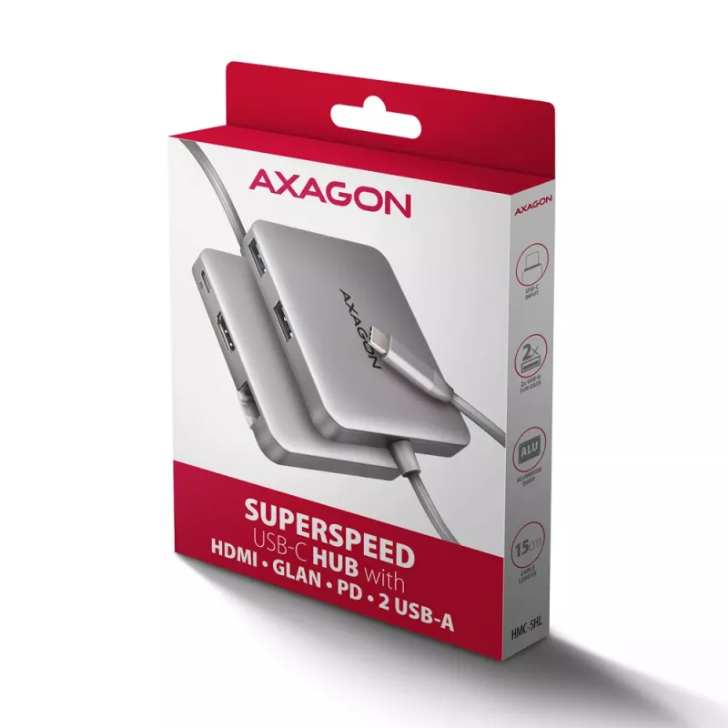 Axagon HMC-5HL USB 5Gbps centrmezgls, 2x USB-A, HDMI 4k/60Hz, RJ-45, PD 100W, 20cm USB-C kabelis