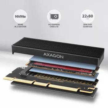 Axagon PCEM2-XS PCIe x16 – M.2 NVMe M-key slots adapteris ar pasīvo alumīnija radiatoru