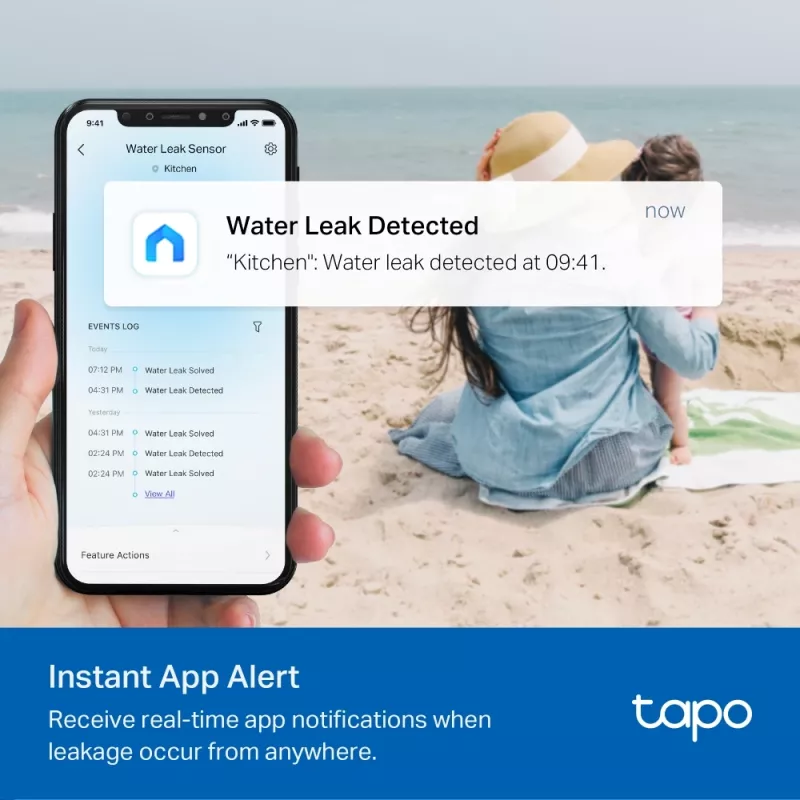 Ūdens noplūdes detektors TP-Link Tapo T300 Wi‑Fi, regulējams signāls 90 dB, IP67, baterija (2×AAA), nepieciešams Hub