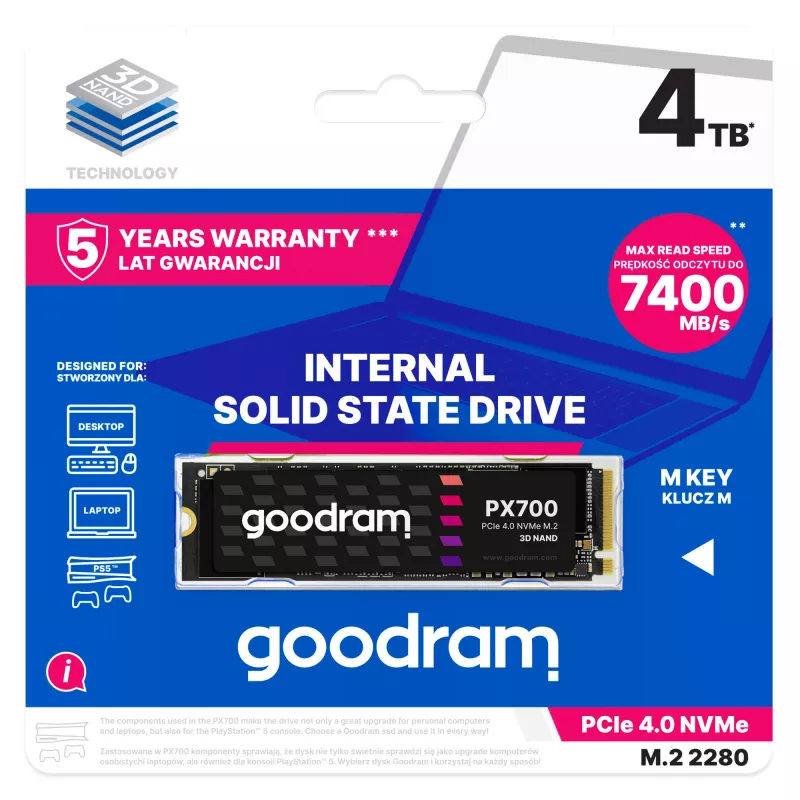 Goodram PX700 SSD SSDPR-PX700-04T-80 iekšējais cietvielu disks 4 TB M.2 PCI Express 4.0 NVMe 3D NAND