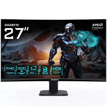 GIGABYTE GS27FC 27 collu FHD izliekts spēļu monitors - 1920 x 1080, 180Hz, 1 ms, 250 cd/m², FreeSync Premium, HDR Ready, HDMI 2.0, DisplayPort 1.4