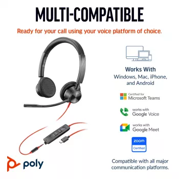 HP Poly Blackwire 3325 Stereo Microsoft Teams sertificētas austiņas ar USB-C, 3,5 mm ligzdu un USB-C/A adapteri