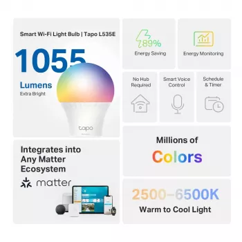 TP-Link Tapo L535E viedā spuldze, daudzkrāsu, Matter, LED, Wi-Fi/Bluetooth, 1055 lm