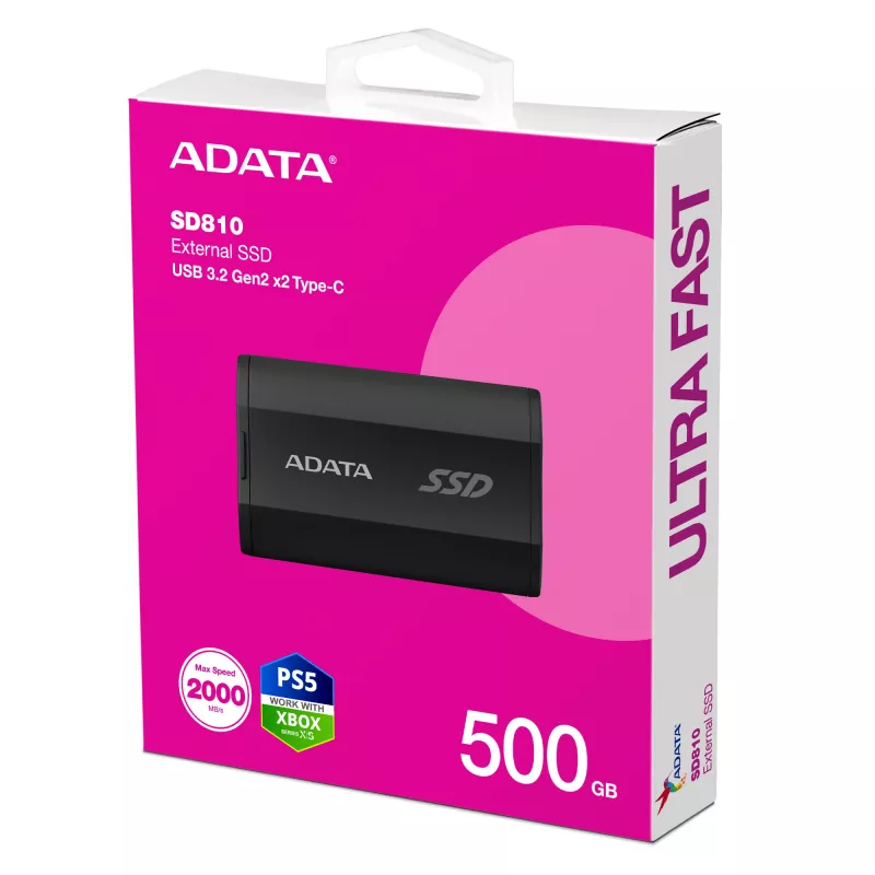 ADATA SD810 500 GB portatīvais SSD — USB Type-C, USB 3.2 Gen 2x2, 2000 MB/s, IP68, alumīnijs, melns