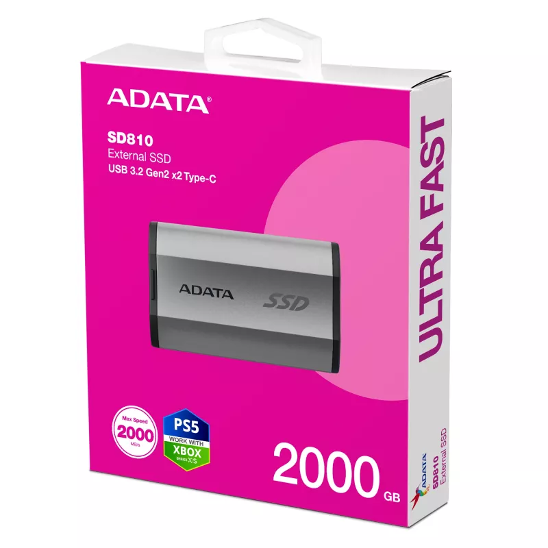 ADATA SD810 2 TB ārējais SSD ar USB Type-C un USB 3.2 Gen 2x2, melns/sudrabs