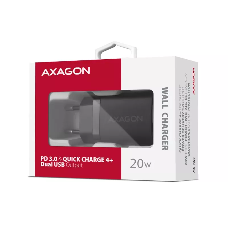 Sienas lādētājs Axagon ACU-PQ20 QC3.0 PD Type-C 20W Melns