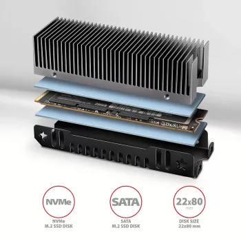 Axagon CLR-M2XT alumīnija pasīvais dzesētājs vienpusējiem un abpusējiem M.2 SSD, izmērs 2280, augstums 24 mm