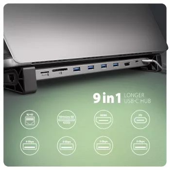 Axagon HMC-10HLS USB-C 9in1 centrmezgls, 4x USB-A, HDMI 4K/60Hz, RJ-45, SD/microSD, PD 100W