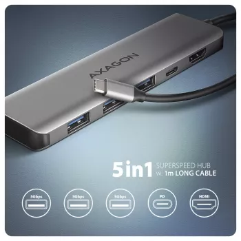Axagon HMC-5H USB 5Gbps centrmezgls, 3x USB-A, HDMI 4k/30Hz, PD 100W, 100cm USB-C kabelis