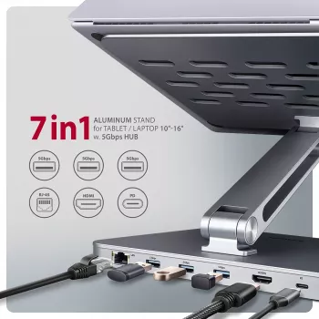 Axagon HMC-STND 7-in-1 USB-C centrmezgls un alumīnija statīvs klēpjdatoriem